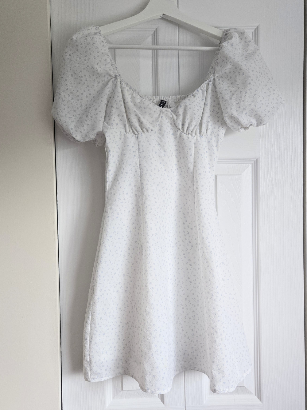 H&M White Puff-Sleeve Mini Dress with Tiny Floral Print